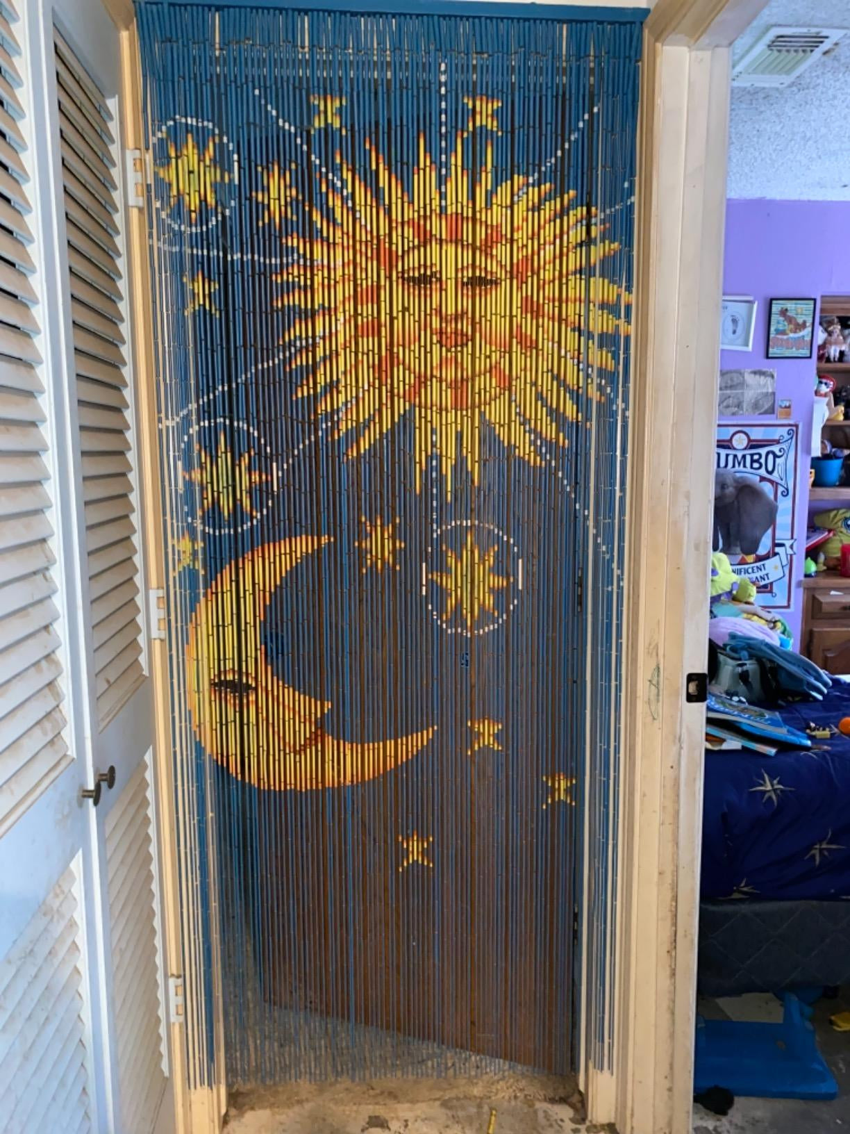 Sun and Moon Bead Bamboo Curtain Handmade Hand Printed Doorway Home Decor Wall Art Hanging